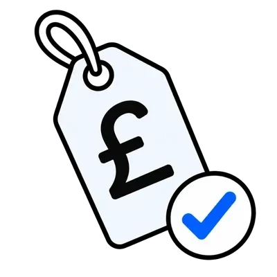 A price tag with a tick beside it