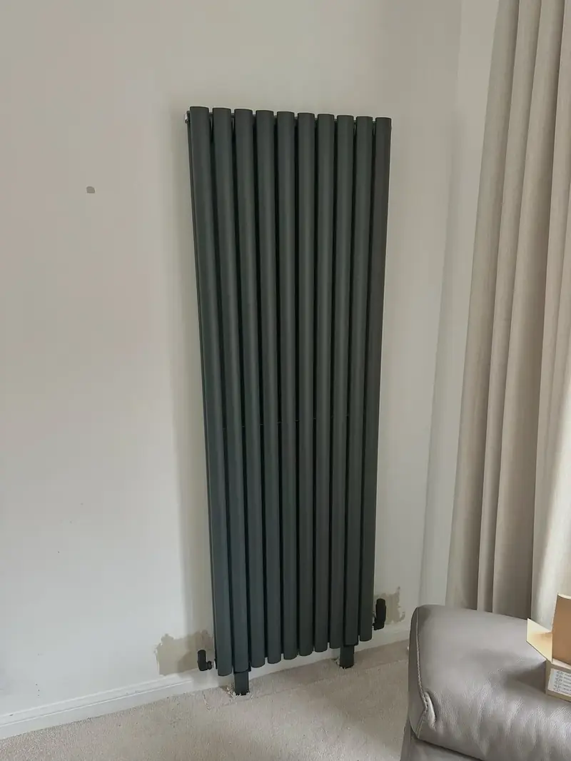 Anthracite vertical column radiator fitted in a living room